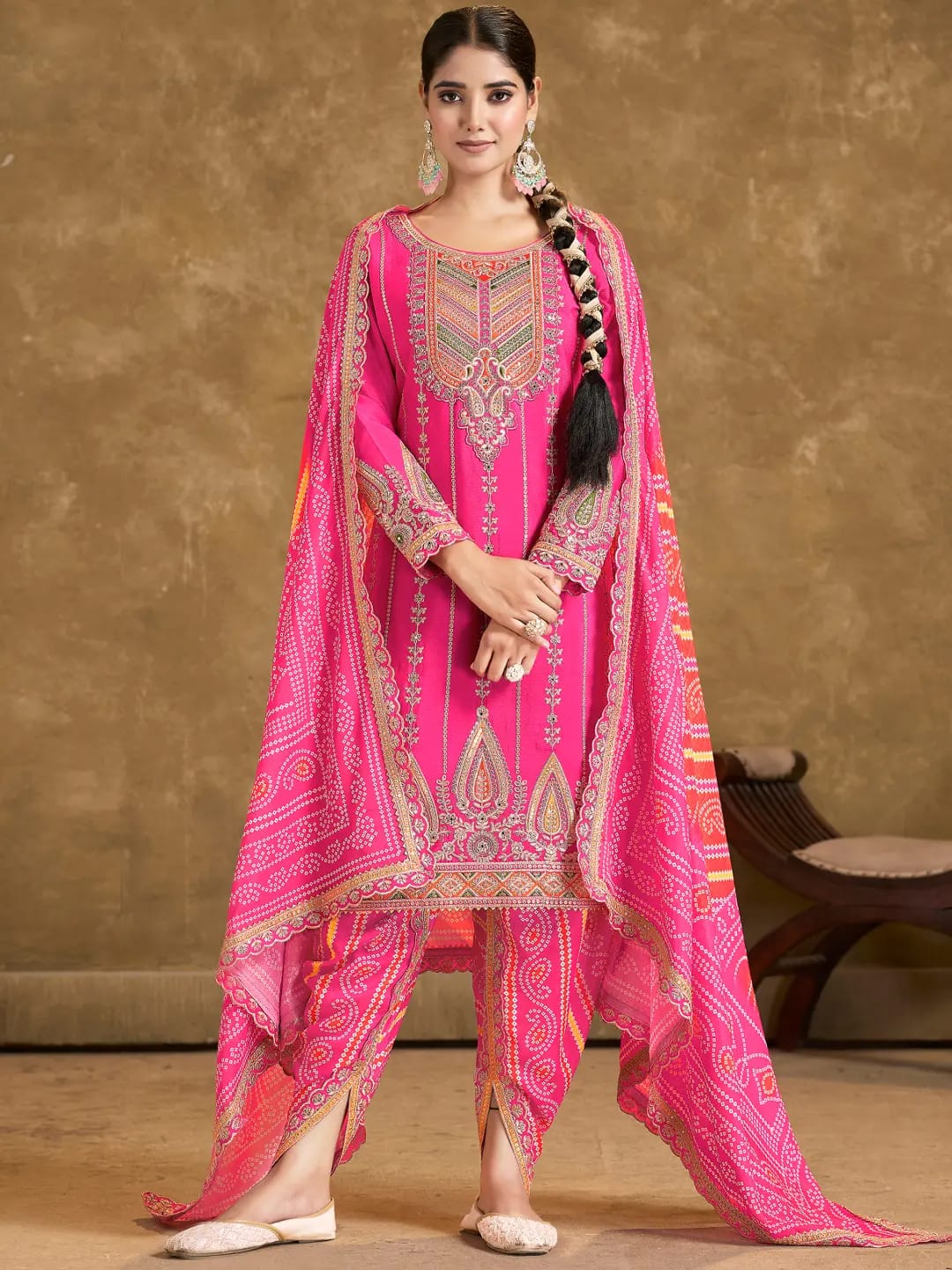 Women's Chinon Silk Embroidery Pink Color Bandhani Prints Straight Kurta Dhoti-Pant With Dupatta