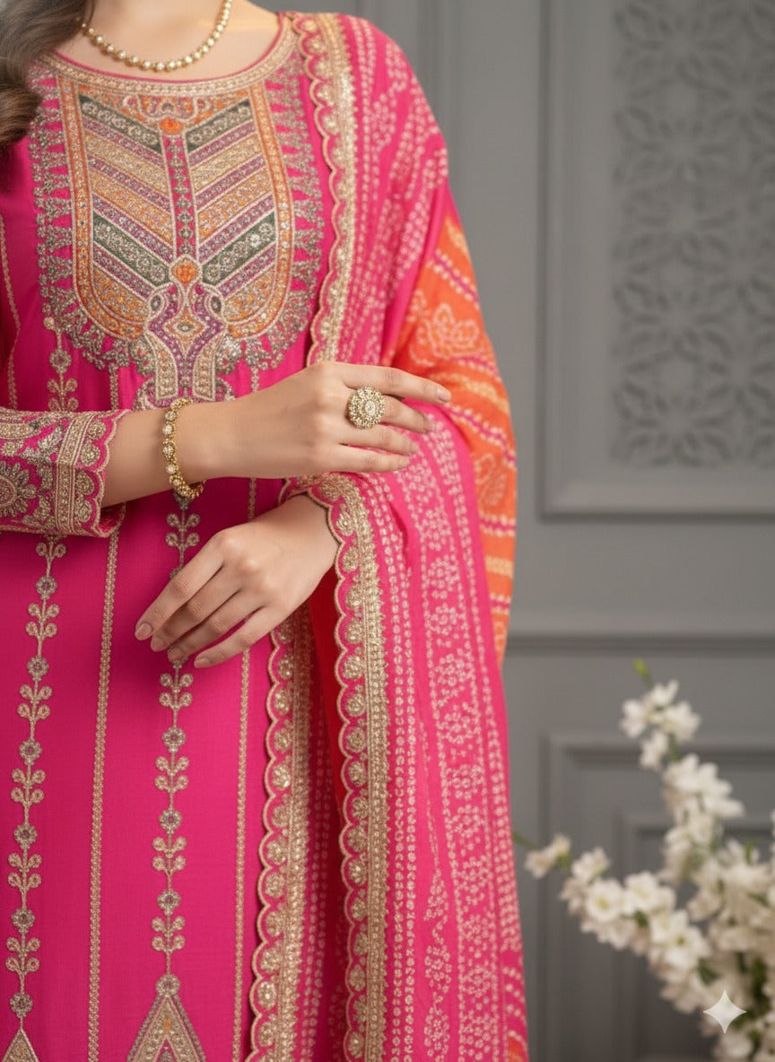 Women's Chinon Silk Embroidery Pink Color Bandhani Prints Straight Kurta Dhoti-Pant With Dupatta