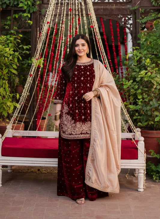 Women's Velvet Embroidery Red Color Straight Kurta Sharara With Dupatta