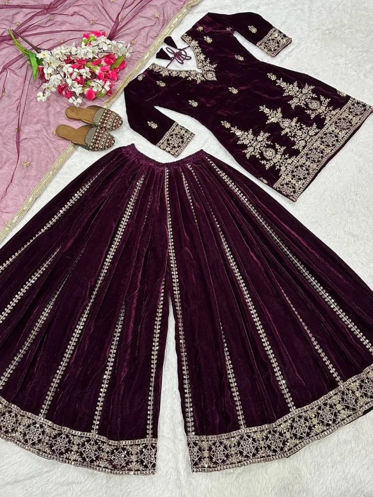 Women's Velvet Embroidery Maroon Color Kurta Sharara With Dupatta