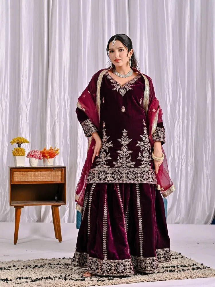 Women's Velvet Embroidery Maroon Color Kurta Sharara With Dupatta