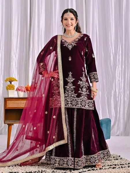 Women's Velvet Embroidery Maroon Color Kurta Sharara With Dupatta