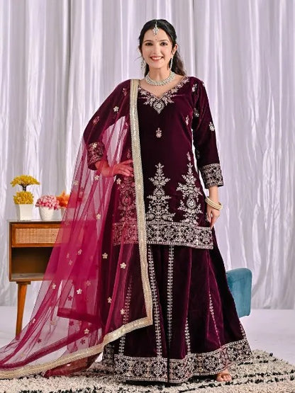Women's Velvet Embroidery Maroon Color Kurta Sharara With Dupatta