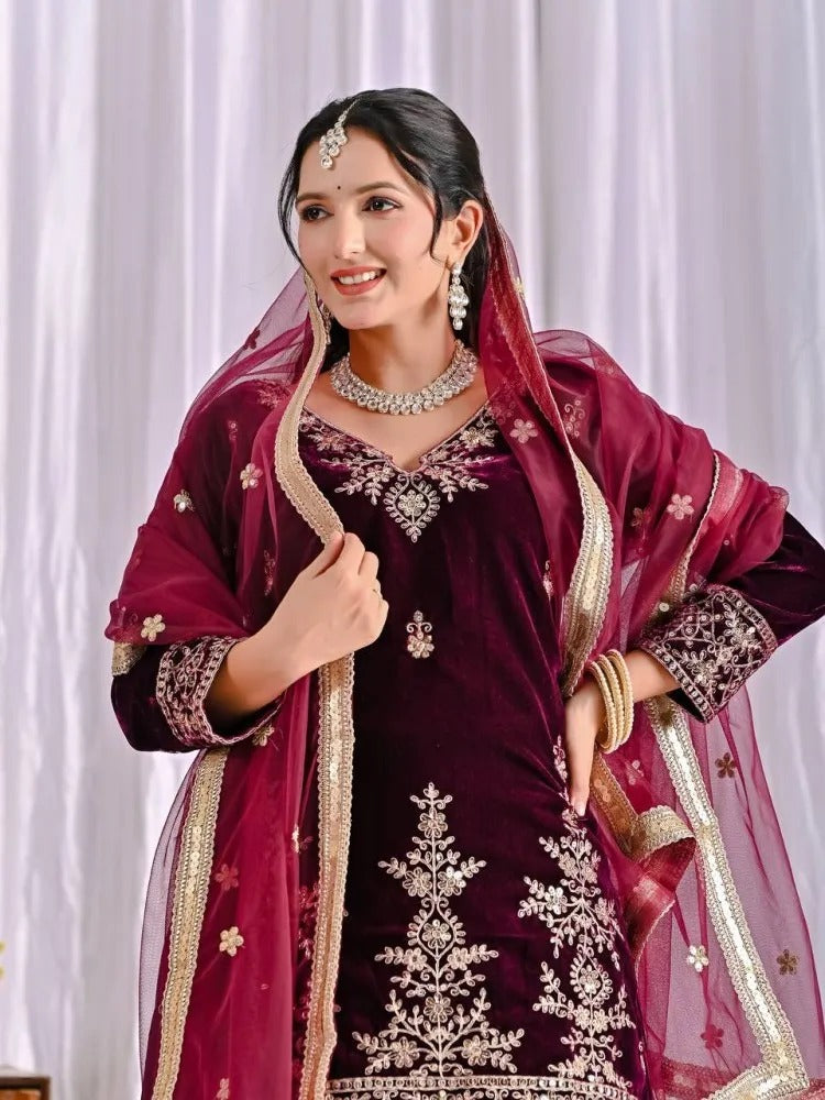 Women's Velvet Embroidery Maroon Color Kurta Sharara With Dupatta