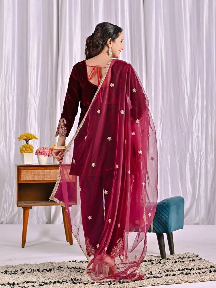 Women's Velvet Embroidery Maroon Color Kurta Sharara With Dupatta