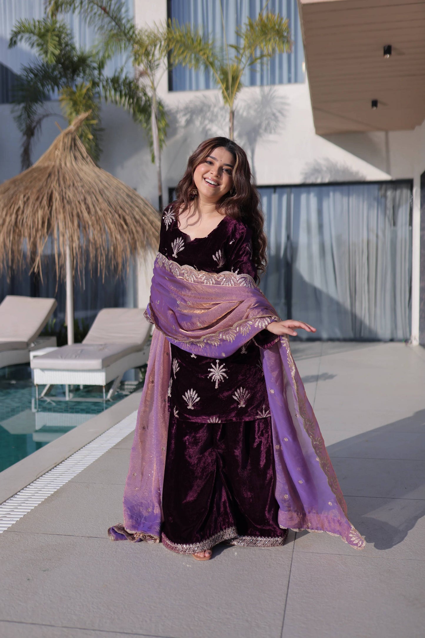 Women's Purple Color Velvet Zari Embroidered Work Kurti Palazzo Set