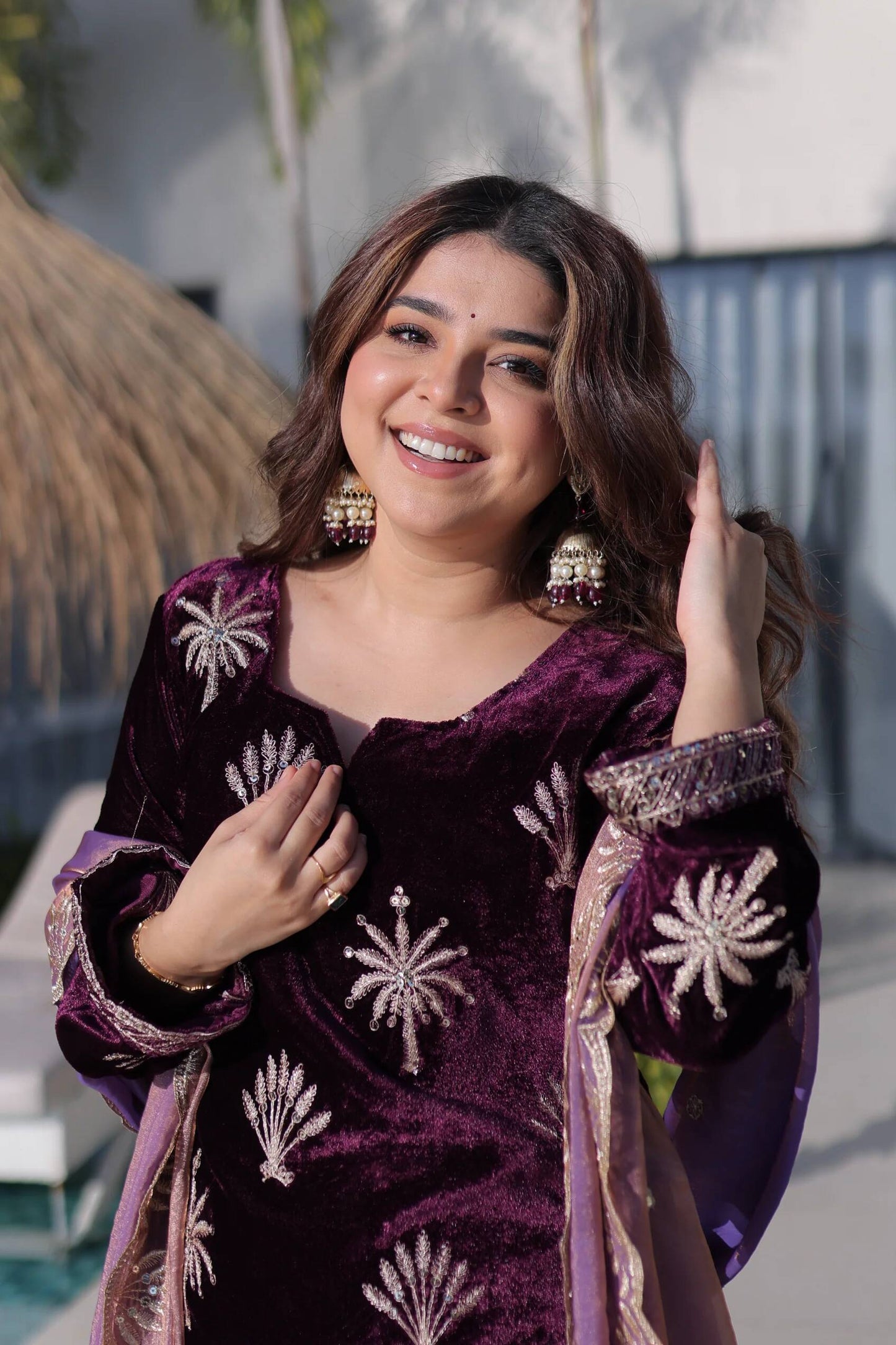 Women's Purple Color Velvet Zari Embroidered Work Kurti Palazzo Set