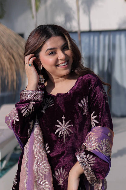 Women's Purple Color Velvet Zari Embroidered Work Kurti Palazzo Set