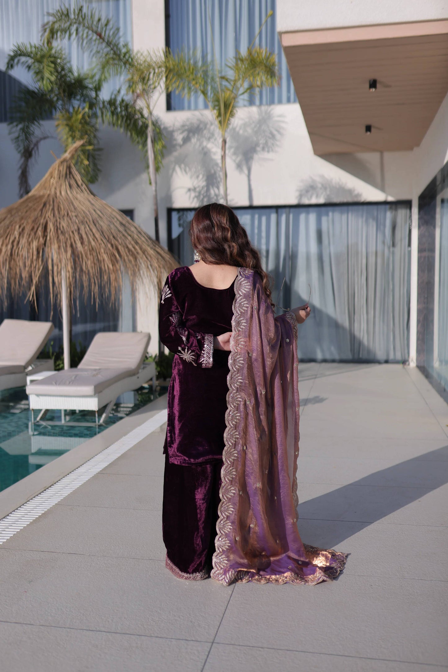 Women's Purple Color Velvet Zari Embroidered Work Kurti Palazzo Set