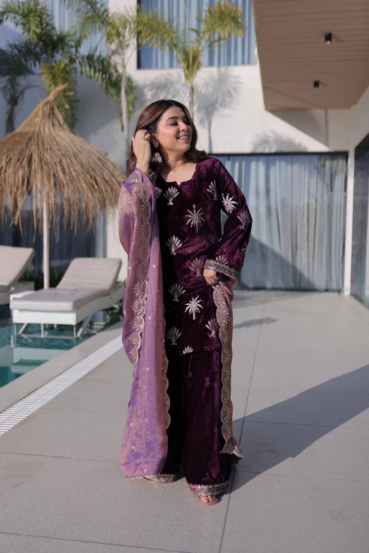 Women's Purple Color Velvet Zari Embroidered Work Kurti Palazzo Set
