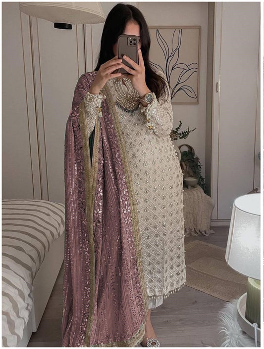 Women's Georgette Embroidery White Color Kurta Pant With Dupatta