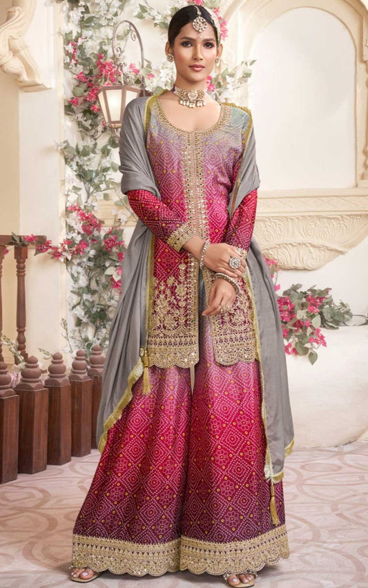 Women's Chinon Silk Embroidery PIink-Grey Color Kurta Sharara With Dupatta