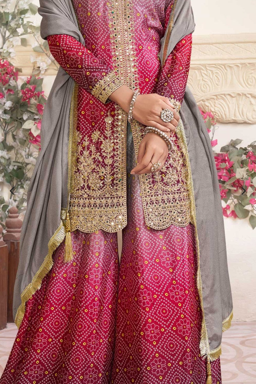 Women's Chinon Silk Embroidery PIink-Grey Color Kurta Sharara With Dupatta