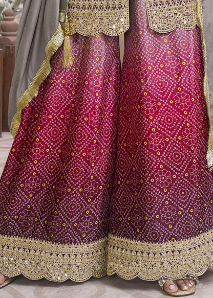 Women's Chinon Silk Embroidery PIink-Grey Color Kurta Sharara With Dupatta