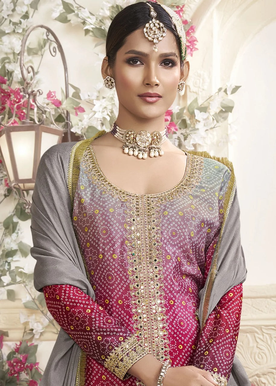 Women's Chinon Silk Embroidery PIink-Grey Color Kurta Sharara With Dupatta