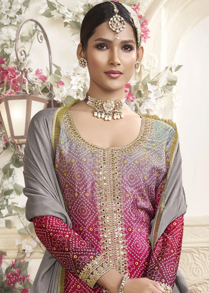 Women's Chinon Silk Embroidery PIink-Grey Color Kurta Sharara With Dupatta
