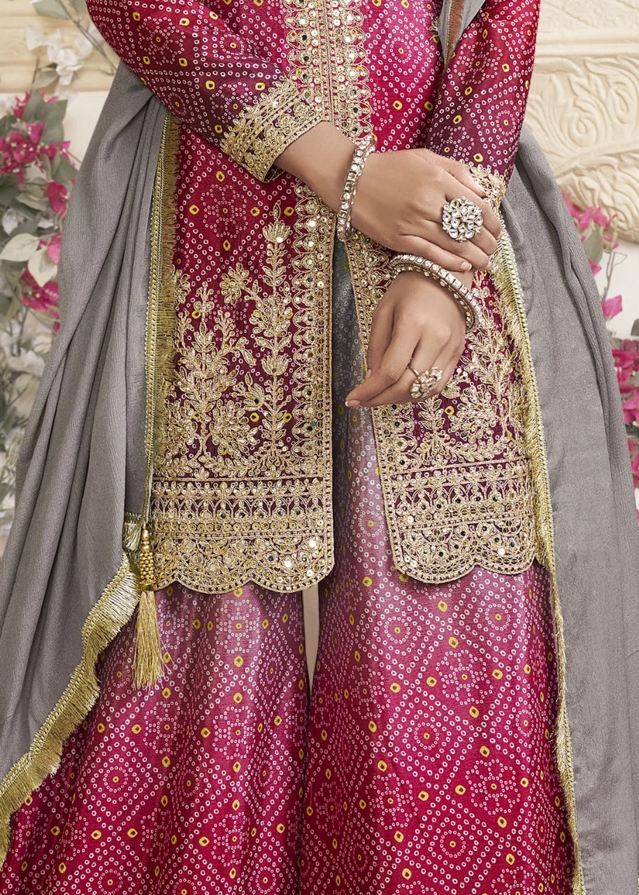Women's Chinon Silk Embroidery PIink-Grey Color Kurta Sharara With Dupatta