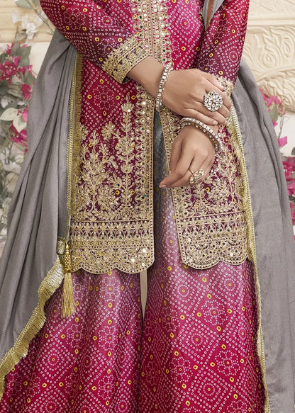 Women's Chinon Silk Embroidery PIink-Grey Color Kurta Sharara With Dupatta