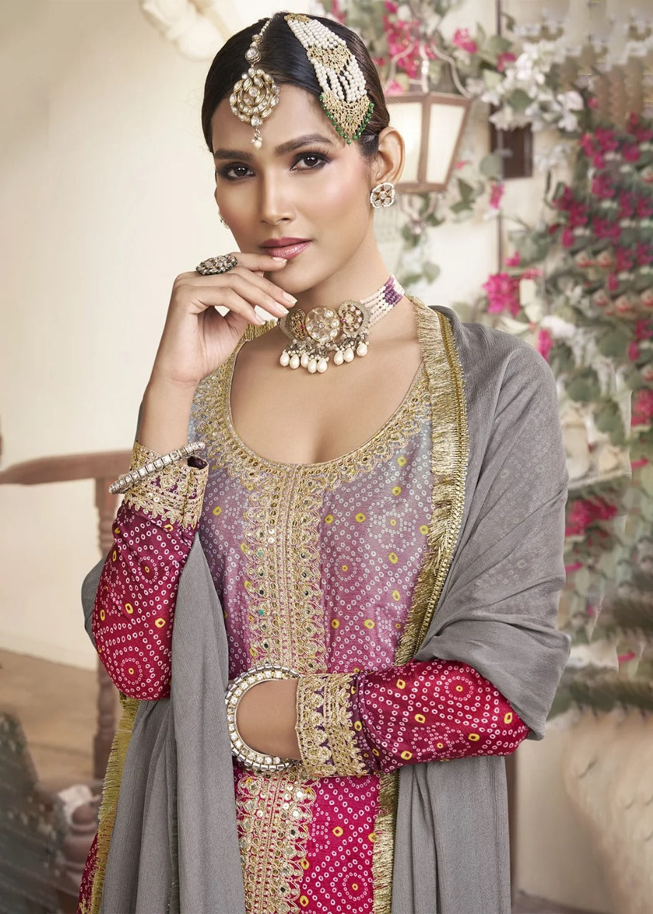 Women's Chinon Silk Embroidery PIink-Grey Color Kurta Sharara With Dupatta