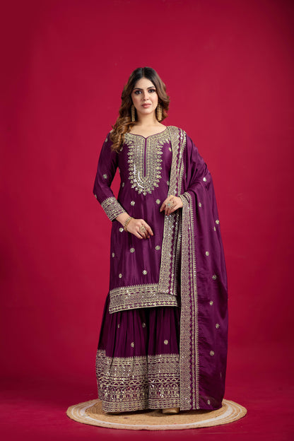 Women's Chinnon Silk Embroidery Purple Color Kurta Sharara With Dupatta
