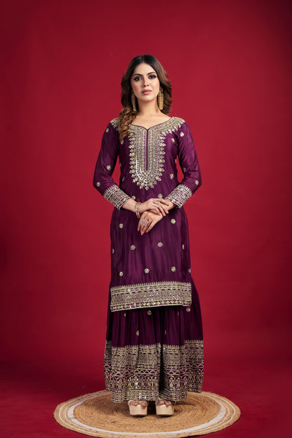 Women's Chinnon Silk Embroidery Purple Color Kurta Sharara With Dupatta