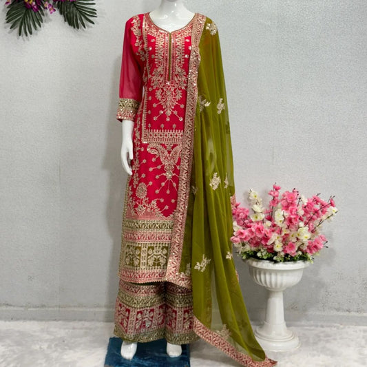 Women's Georgette Embroidery Pink Color Kurta Palazzo With Dupatta