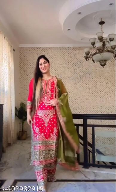 Women's Georgette Embroidery Pink Color Kurta Palazzo With Dupatta