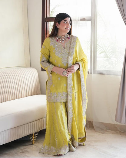 Women's Chinon Silk Embroidery Yellow Color Kurta Sharara With Dupatta