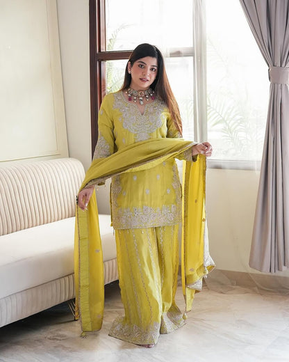Women's Chinon Silk Embroidery Yellow Color Kurta Sharara With Dupatta