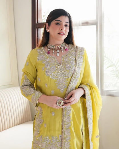 Women's Chinon Silk Embroidery Yellow Color Kurta Sharara With Dupatta