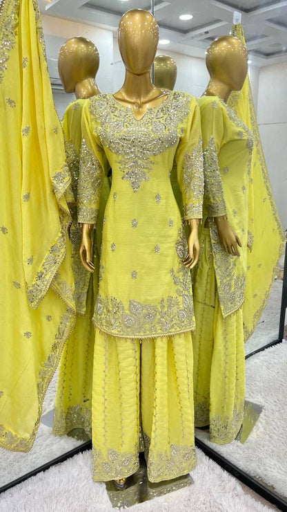 Women's Chinon Silk Embroidery Yellow Color Kurta Sharara With Dupatta