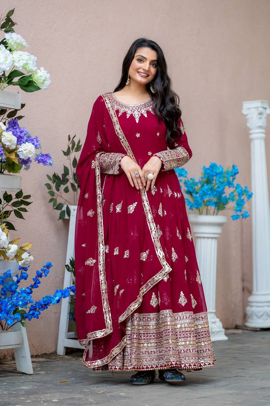 Women's Georgette Embroidery Red Color Kurta Pant With Dupatta