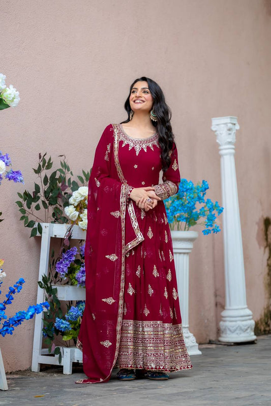 Women's Georgette Embroidery Red Color Kurta Pant With Dupatta