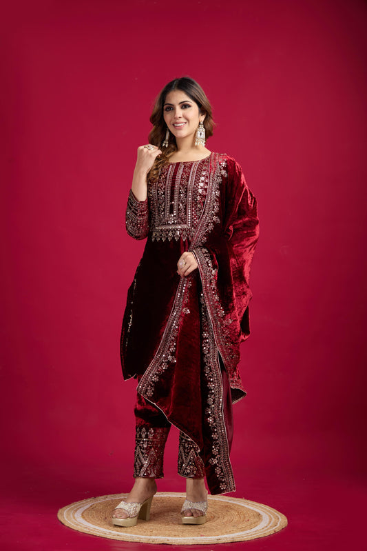 Women's Velvet Embroidery Red Color Kurta Pant With Dupatta