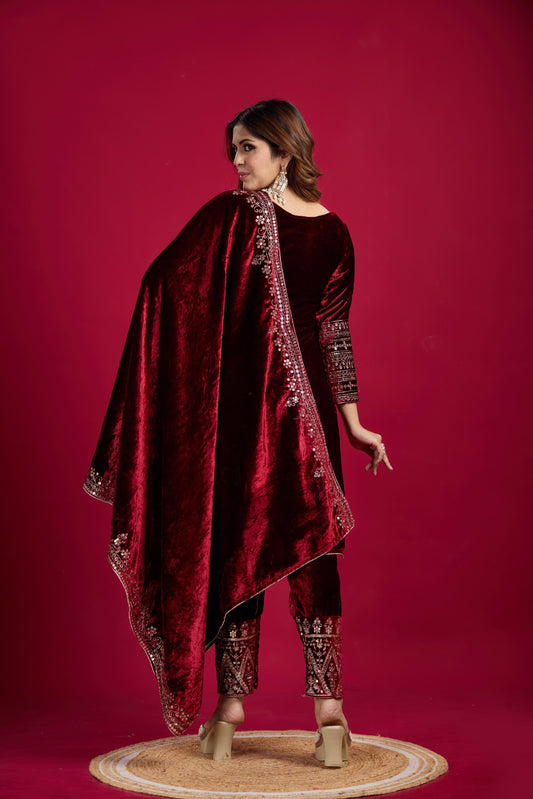 Women's Velvet Embroidery Red Color Kurta Pant With Dupatta