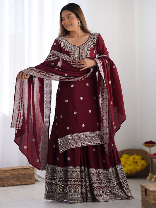 Women's Chinon Silk Embroidery Red Color Kurta Sharara With Dupatta