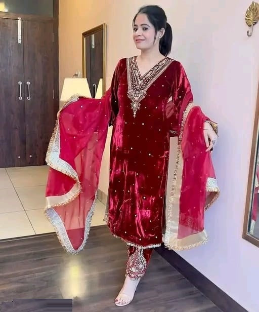 Women's Velvet Embroidery Red Color Kurta Pant With Dupatta