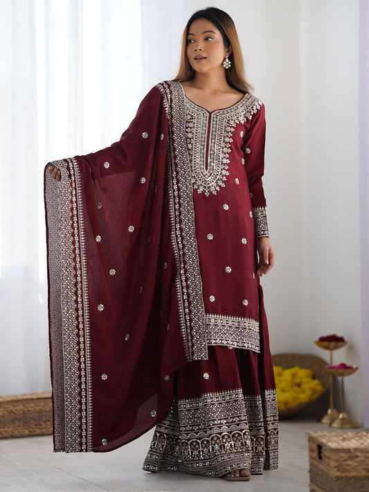 Women's Chinon Silk Embroidery Red Color Kurta Sharara With Dupatta