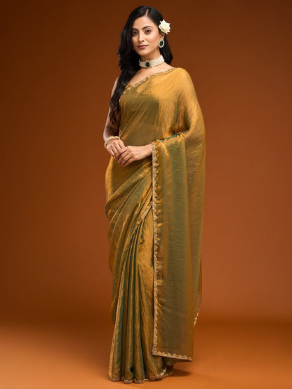 Women's Solid Rich Chiffon Gold Color Lace Work Saree With Unstitch Blouse