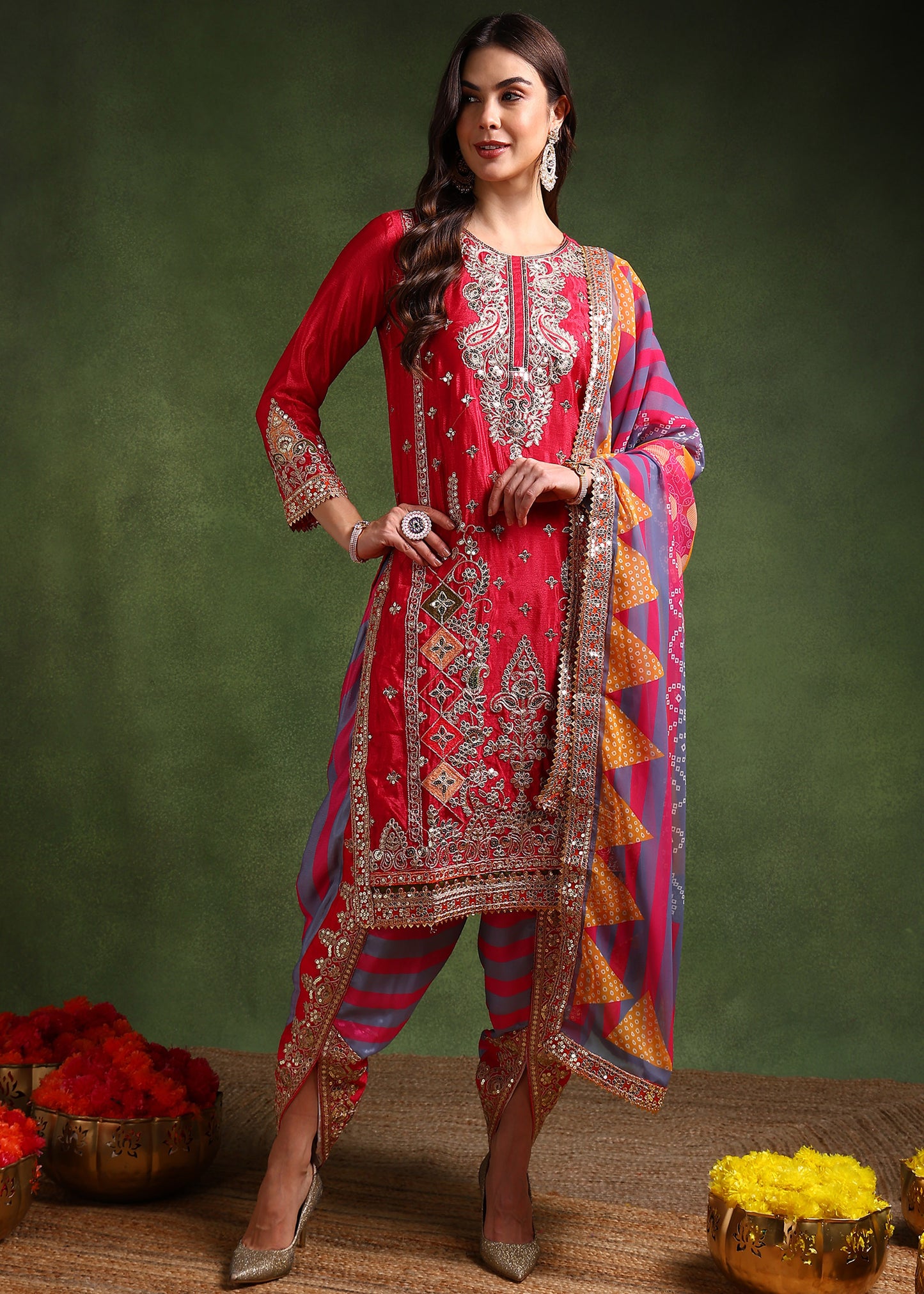 Women's Chinon Silk Embroidery Pink Color Kurta Dhoti Pant With Dupatta