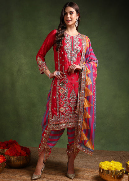 Women's Chinon Silk Embroidery Pink Color Kurta Dhoti Pant With Dupatta