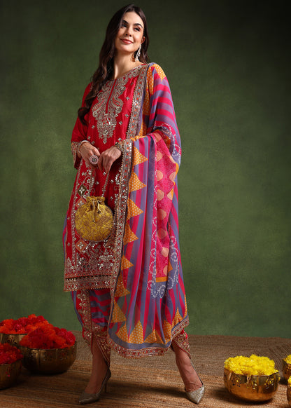 Women's Chinon Silk Embroidery Pink Color Kurta Dhoti Pant With Dupatta