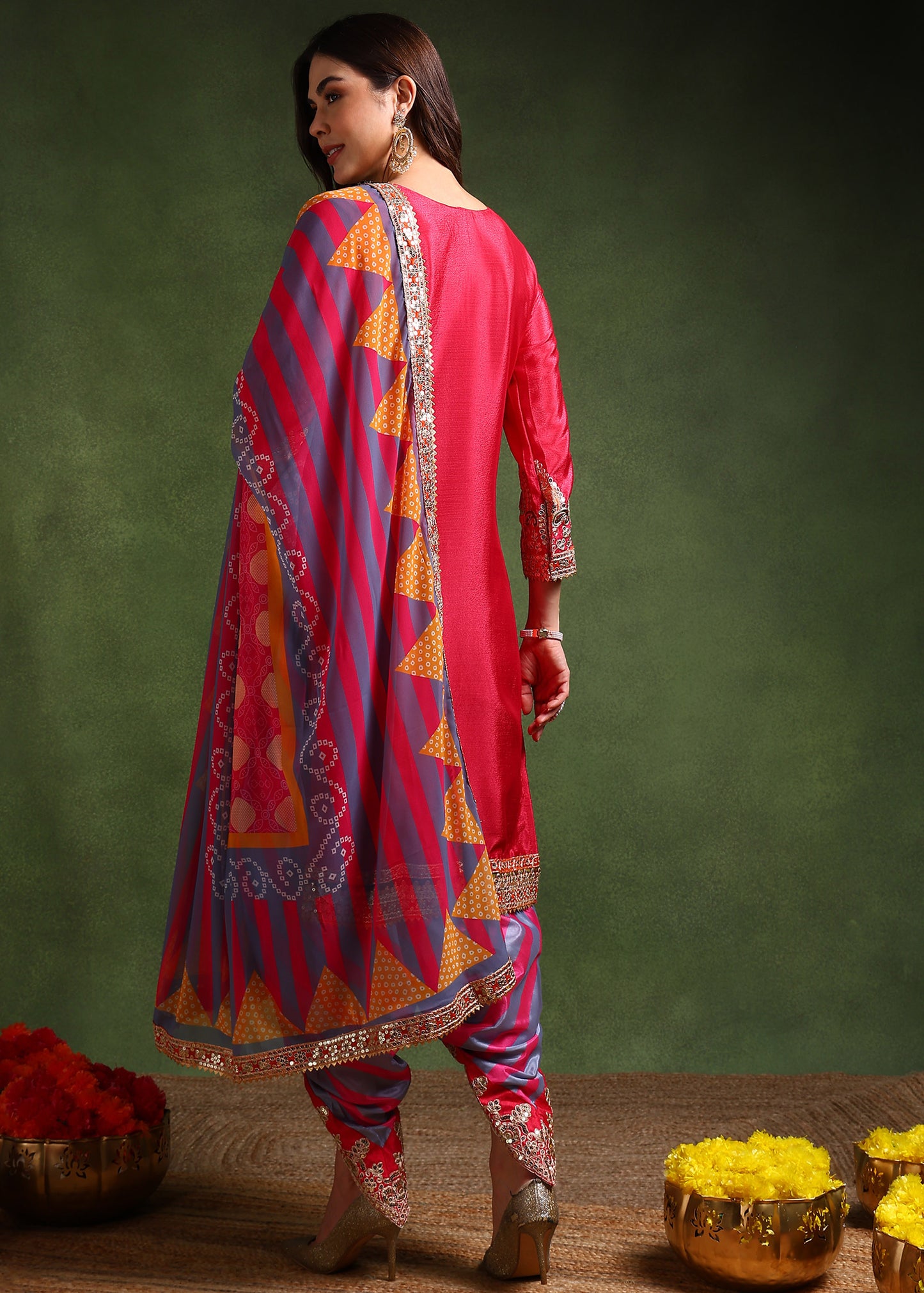 Women's Chinon Silk Embroidery Pink Color Kurta Dhoti Pant With Dupatta