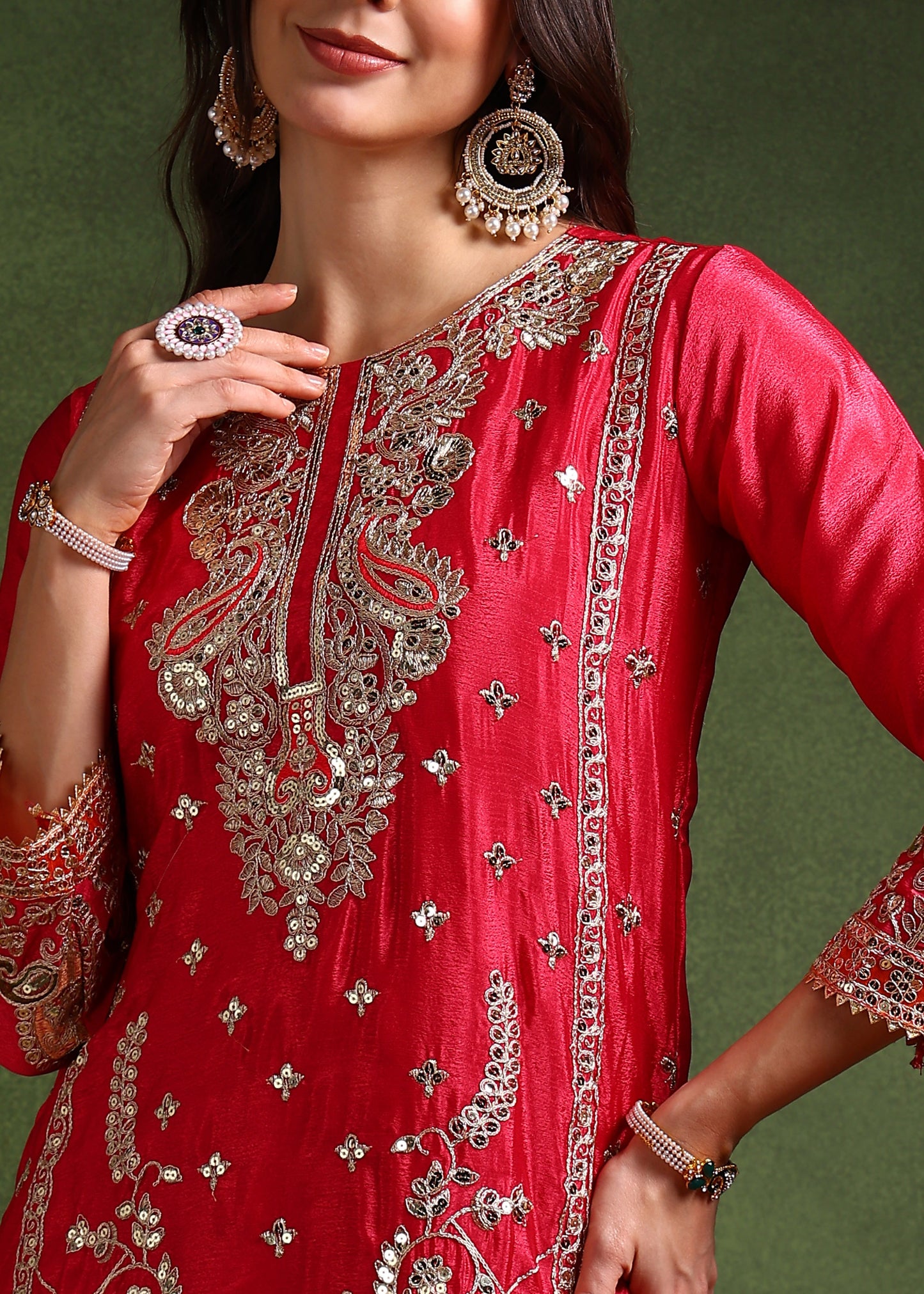 Women's Chinon Silk Embroidery Pink Color Kurta Dhoti Pant With Dupatta