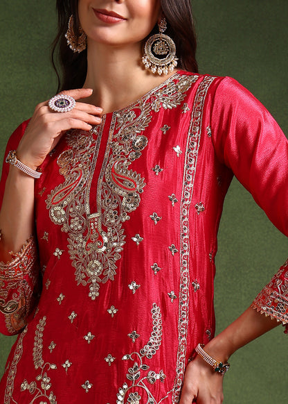 Women's Chinon Silk Embroidery Pink Color Kurta Dhoti Pant With Dupatta