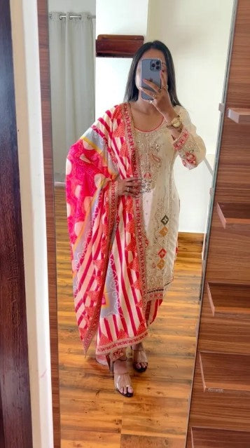 Women's Chinon Silk Embroidery White Color Kurta Dhoti Pant With Dupatta