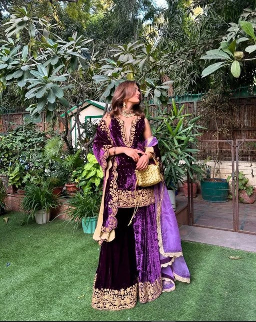 Women's Velvet Embroidery Purple Color Straight Kurta Palazzo With Dupatta