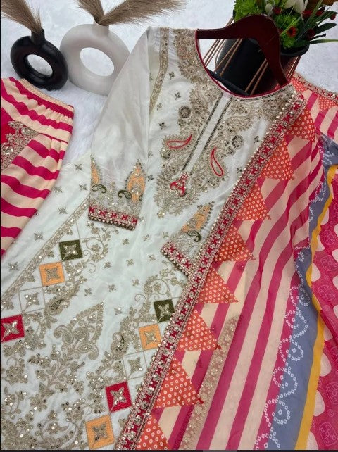 Women's Chinon Silk Embroidery White Color Kurta Dhoti Pant With Dupatta