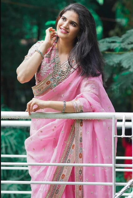 Women's Embroidery Organza Pink Color Saree With Dupion Silk Unstitch Blouse