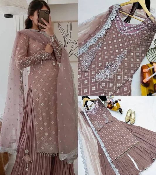 Women's Georgette Embroidery Brown Color Mirror Work Kurta Sharara With Dupatta